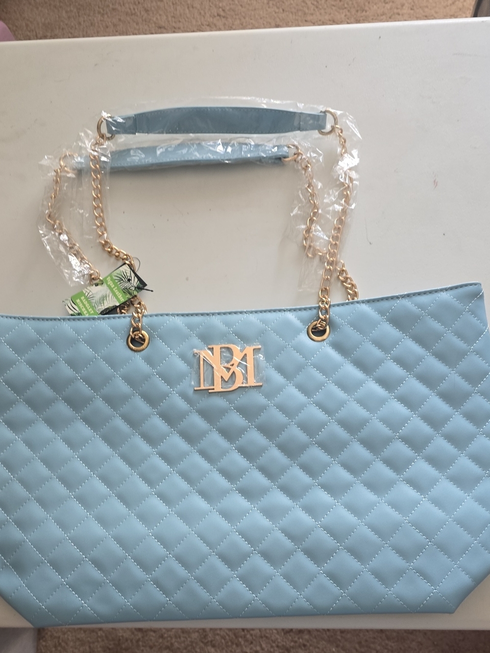 Badgley Mischka Quilted Light Blue Tote with Gold Chain Trim